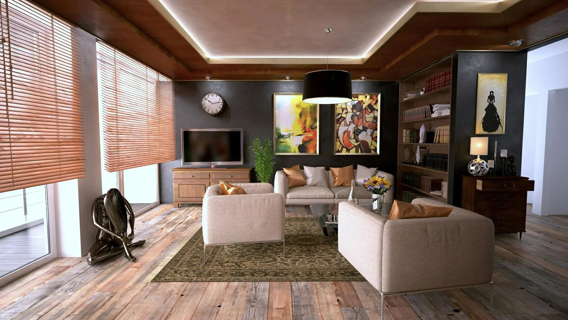 Elegant and modern living room featuring neutral tones, sleek furniture, and natural light, perfect for high-end estate sales and luxury home staging.